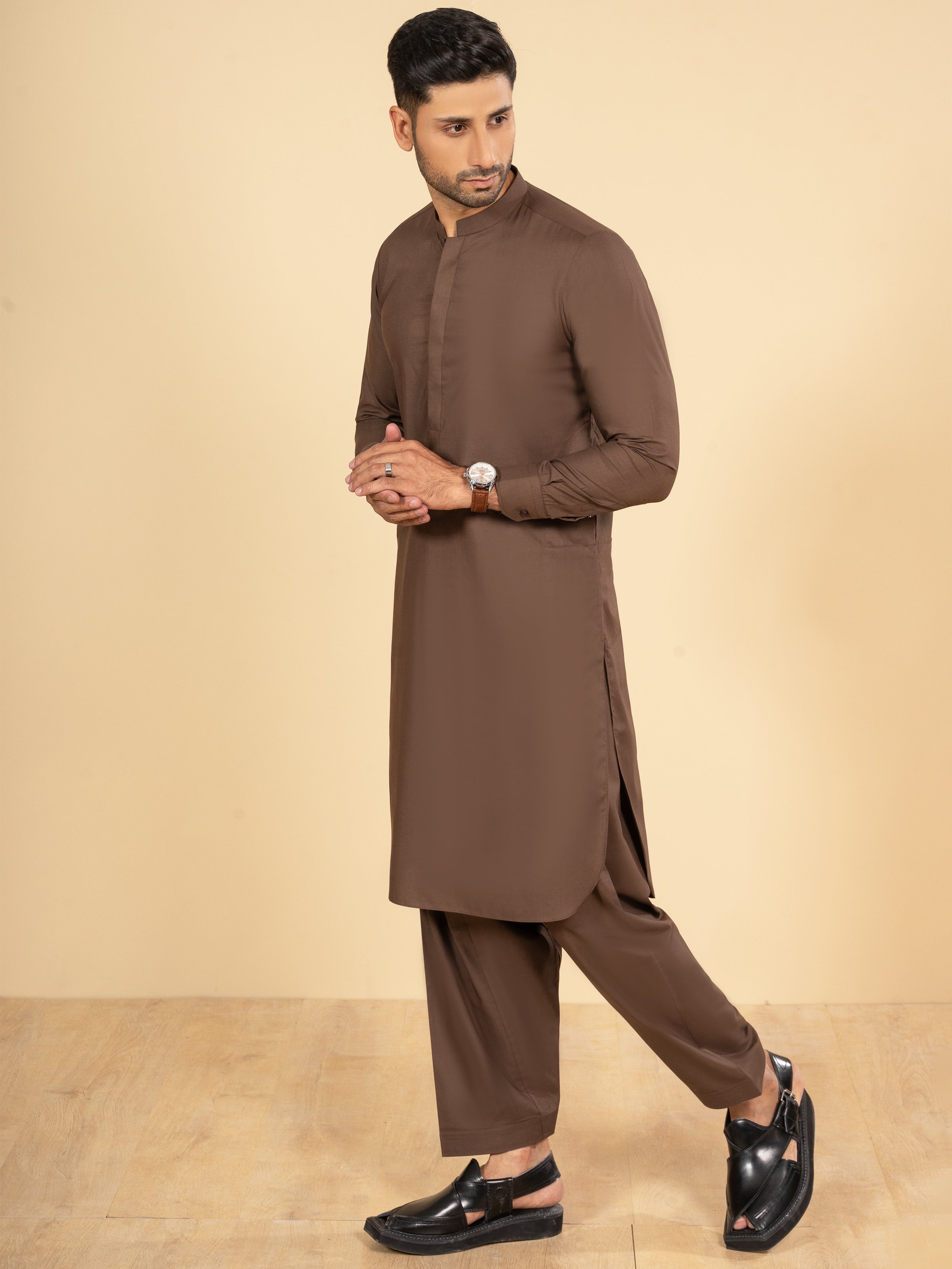 SHALWAR KAMEEZ BAN COLLAR COFFE