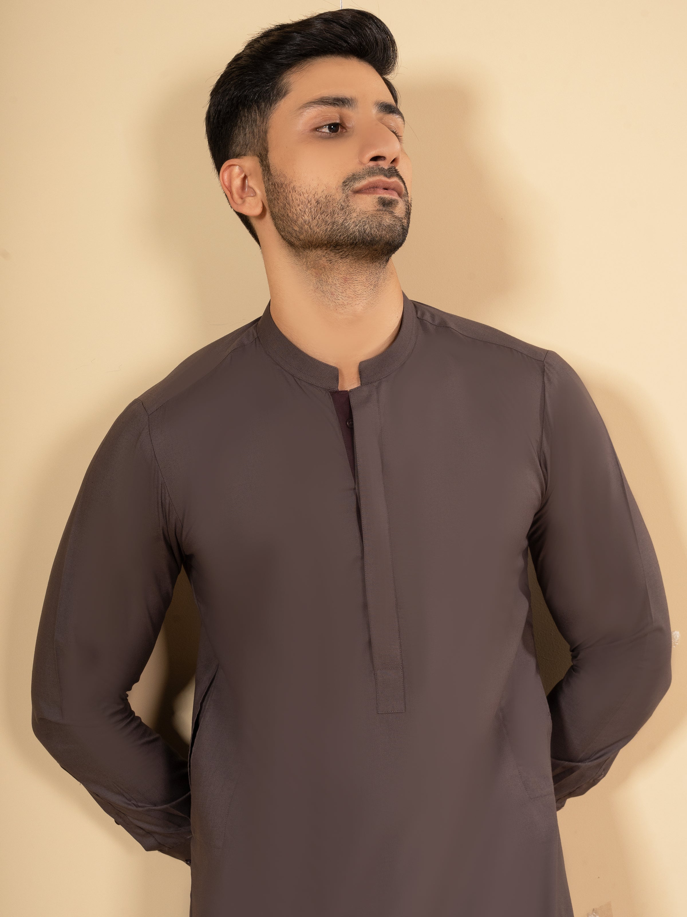 SHALWAR KAMEEZ BAN COLLAR DARK BROWN