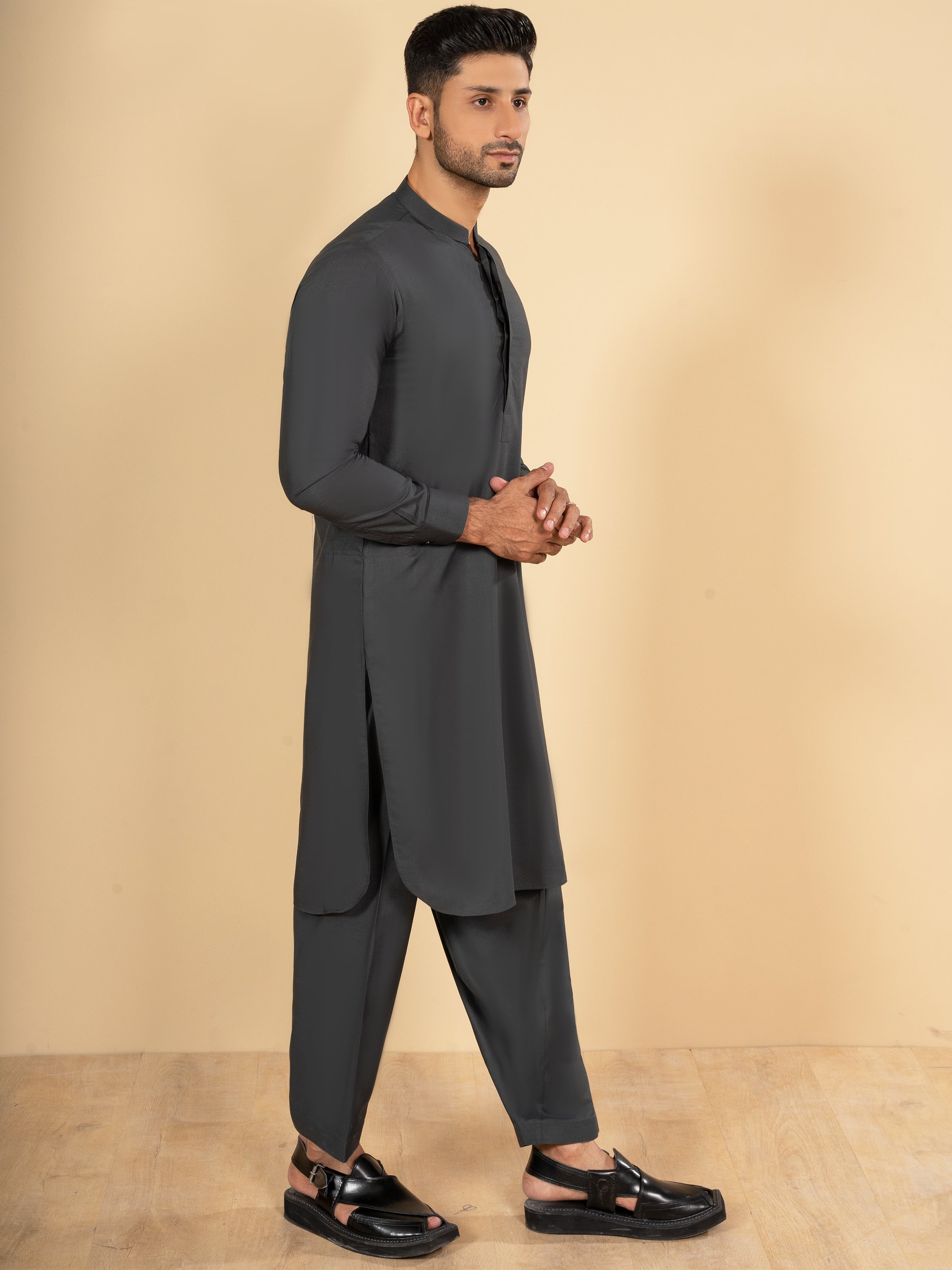 SHALWAR KAMEEZ BAN COLLAR DARK GREY