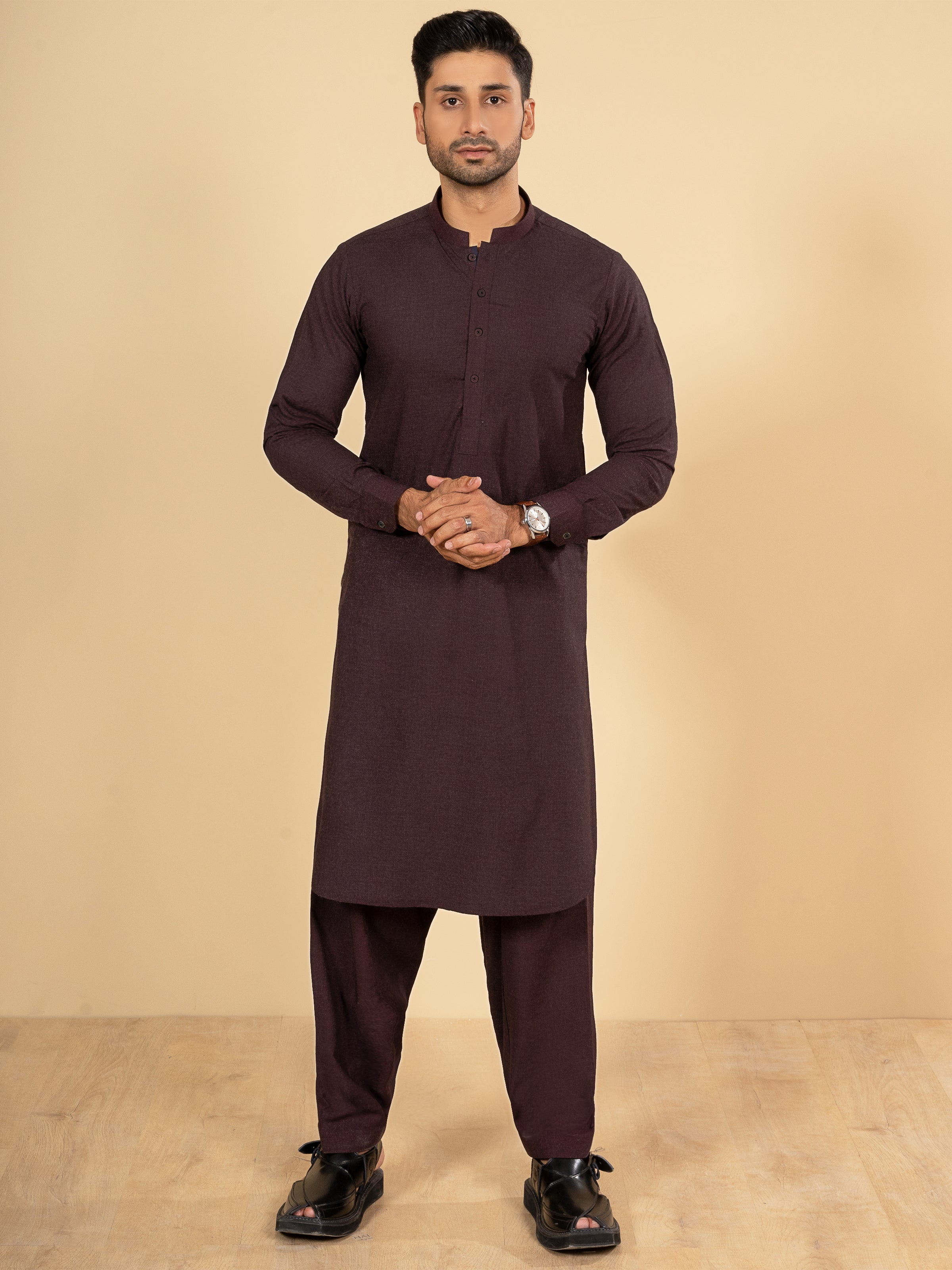 SHALWAR KAMEEZ BAN COLLAR BURGUNDAY