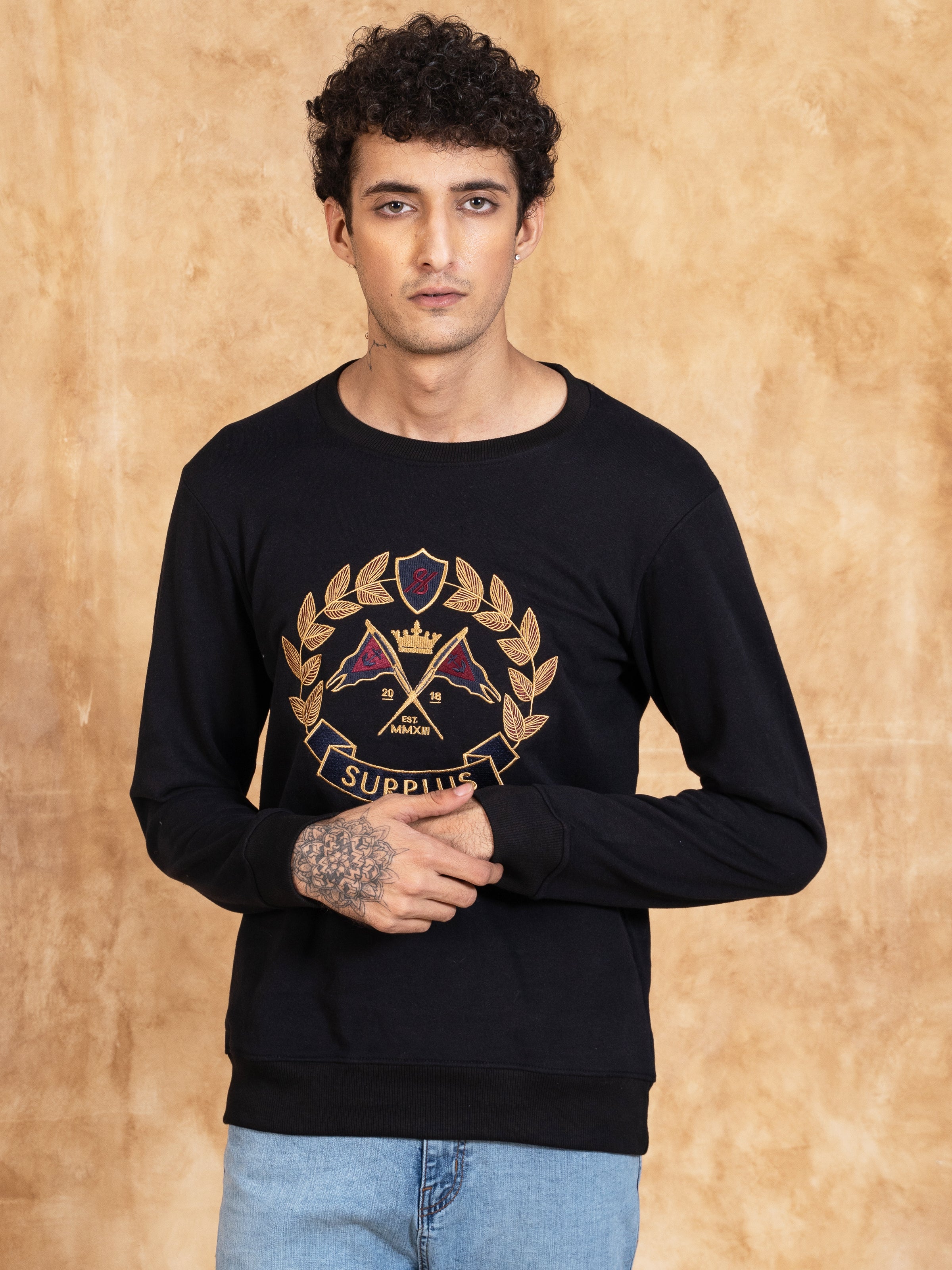 SWEAT SHIRT ROUND NECK EMBROIDED BLACK