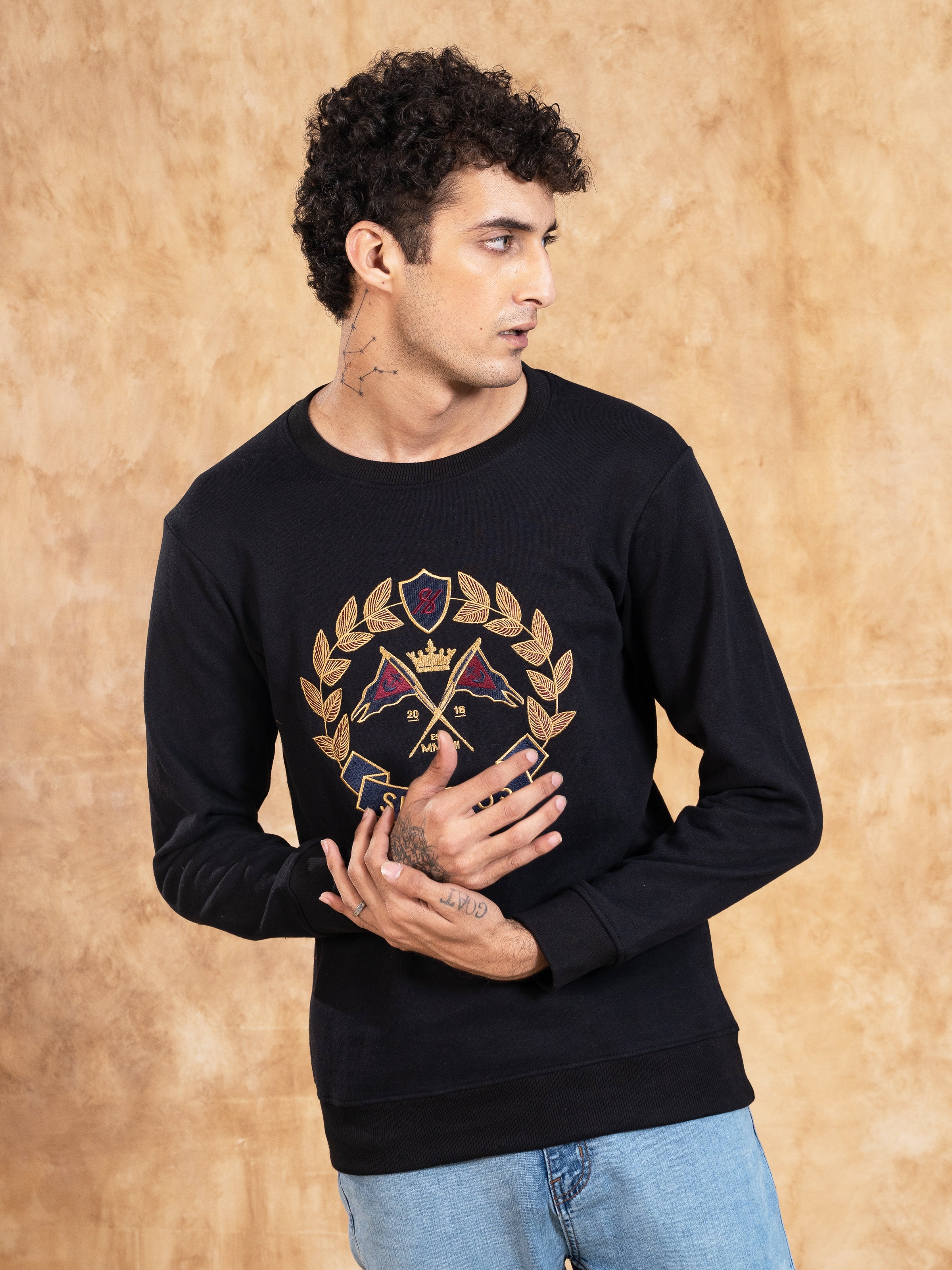 SWEAT SHIRT ROUND NECK EMBROIDED BLACK
