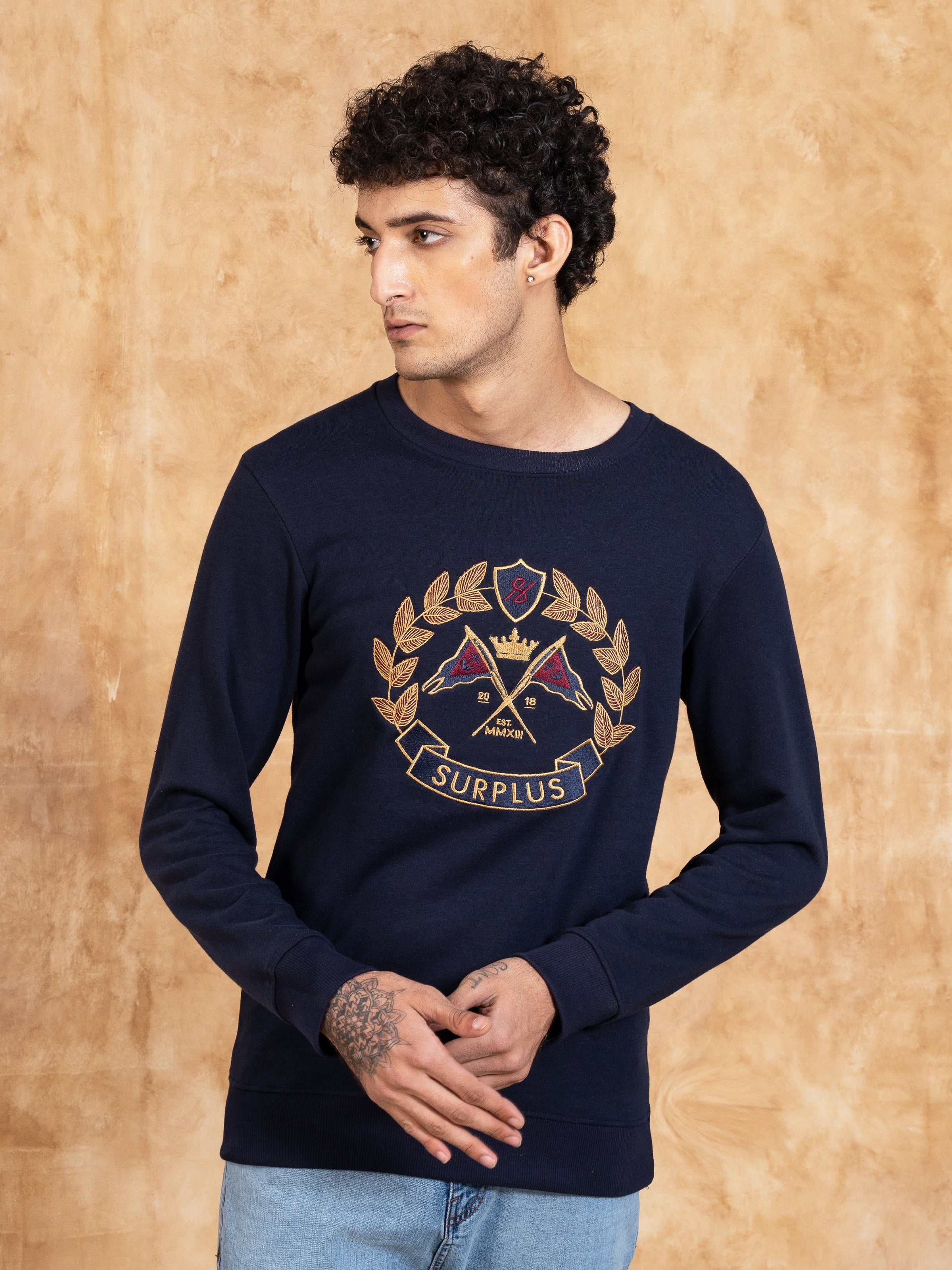 SWEAT SHIRT ROUND NECK EMBROIDED NAVY