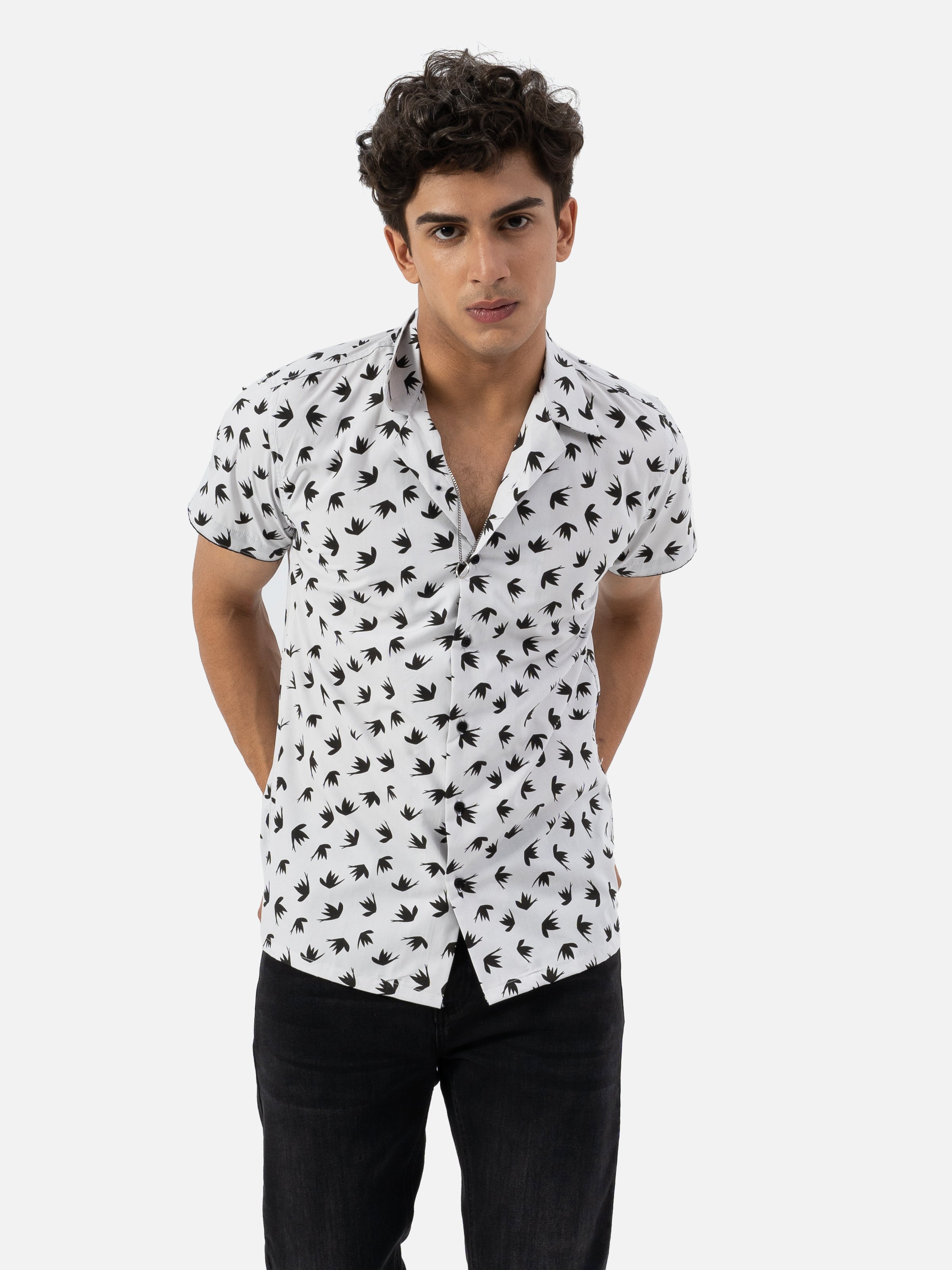 CASUAL SHIRT RESORT COLLAR HALF SLEEVE ASH WHITE
