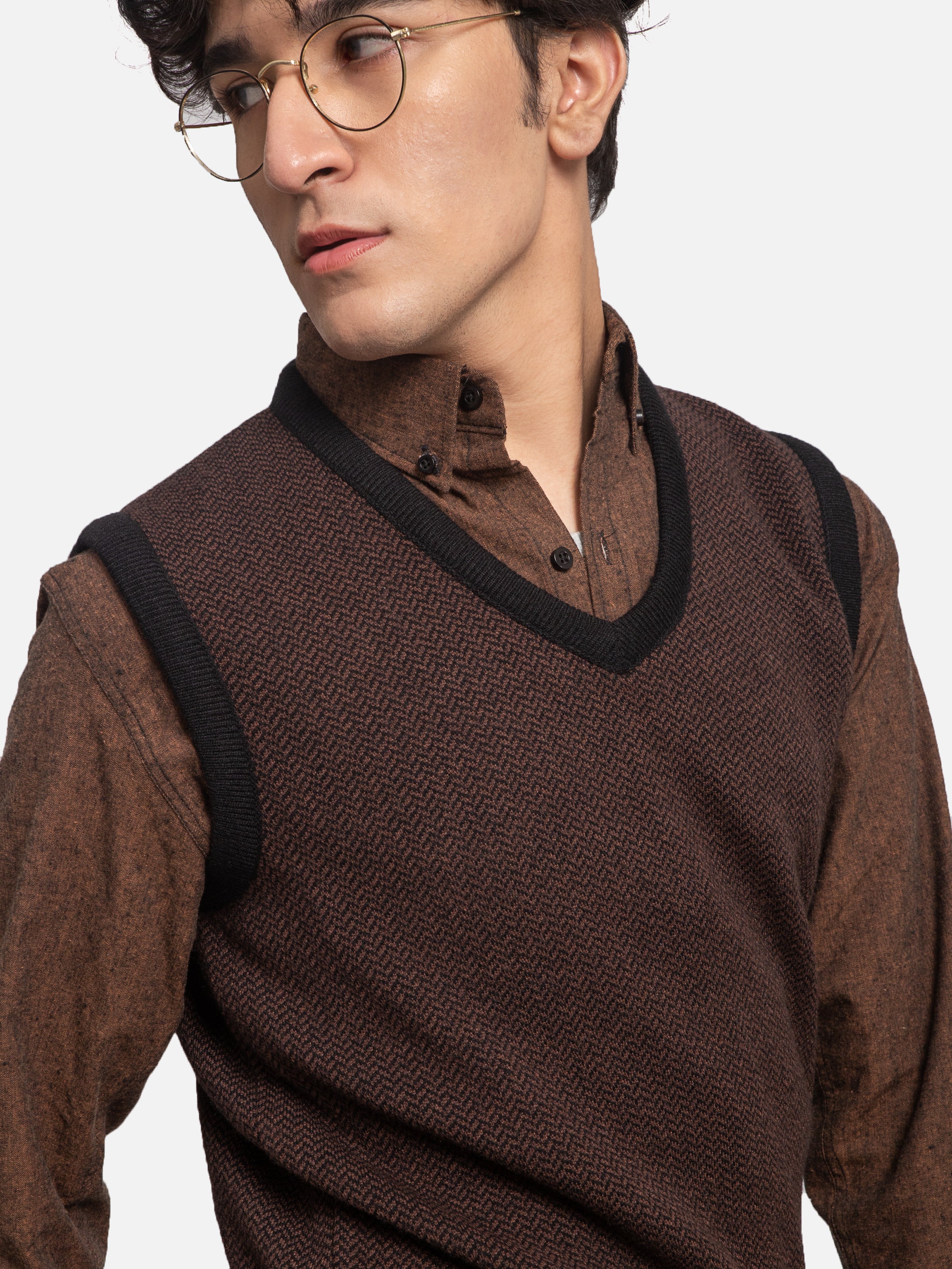 SWEATER V NECK S/L BROWN BLACK